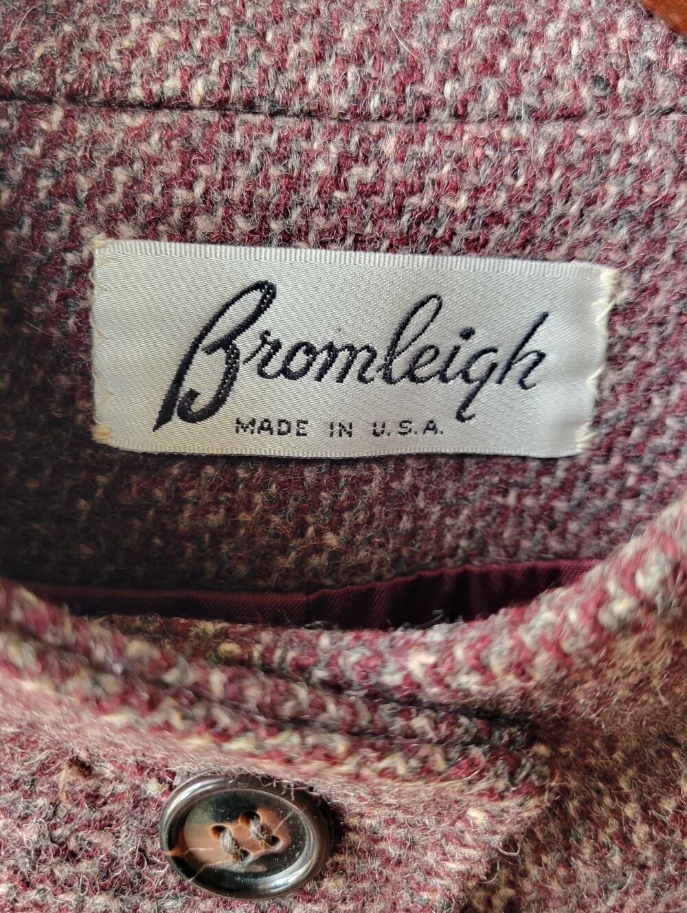 VTG Bromleigh burgundy button Tweed Wool Double Breasted Military Coat USA Med - Picture 4 of 13
